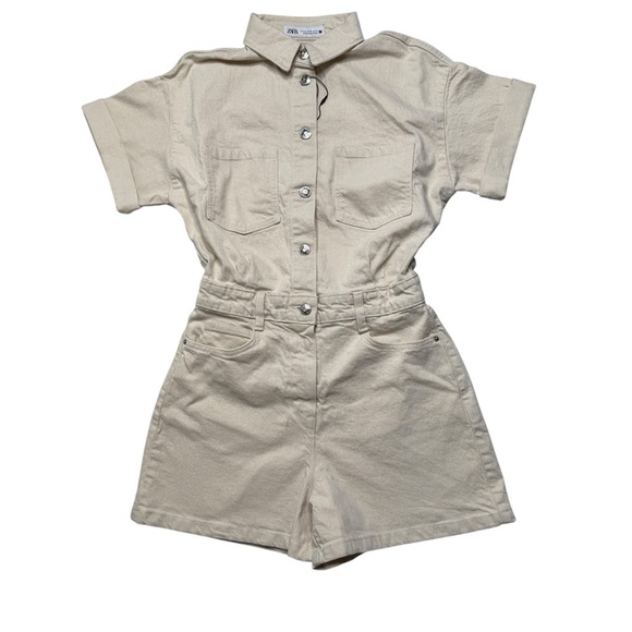 Zara Beige Button-Up Romper Sz XS NWT - Picture 1 of 9